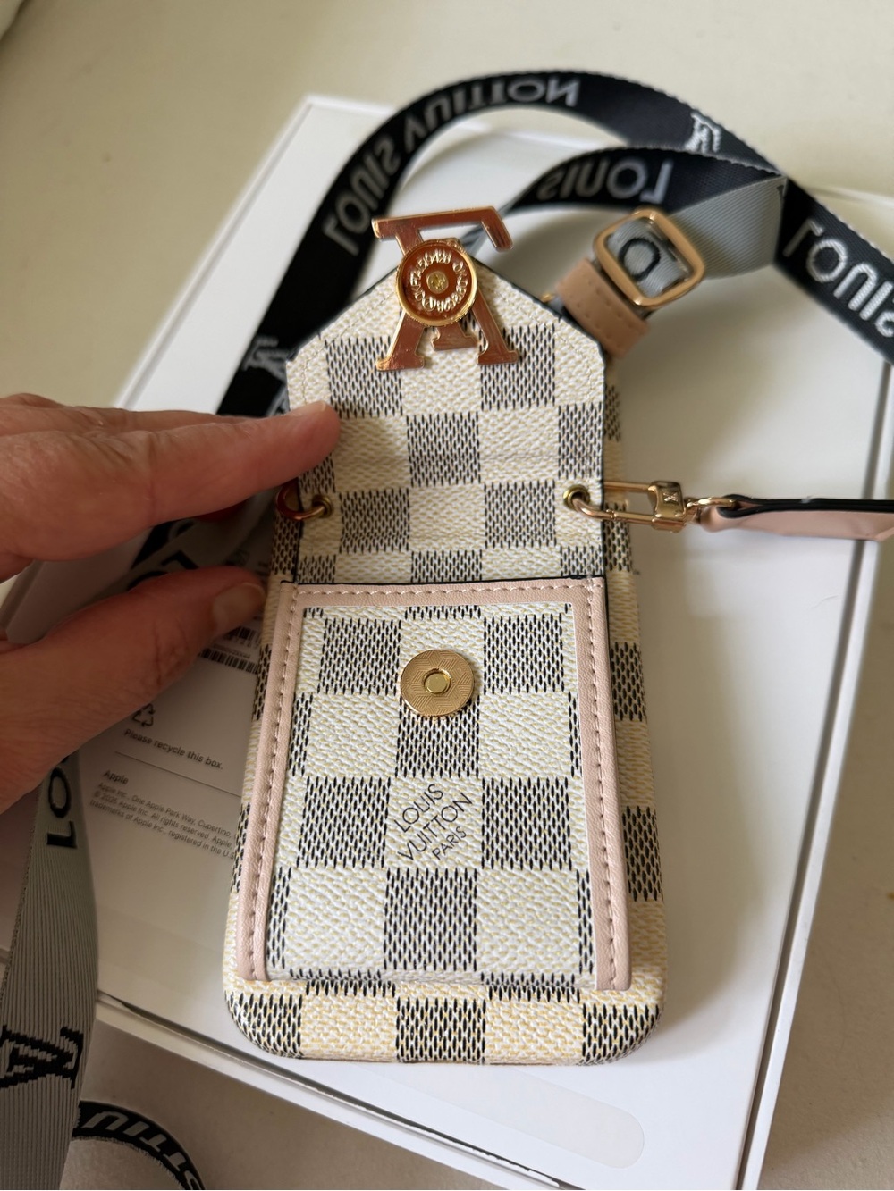 Louis Vuitton Damier Azur Phone Holder with Blush Pink Trim - Picture 2 of 8